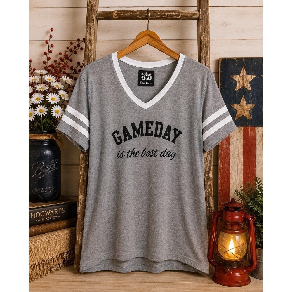 KatyDid Gameday Is The Best Day Gray V Neck Football Tee Women's xL